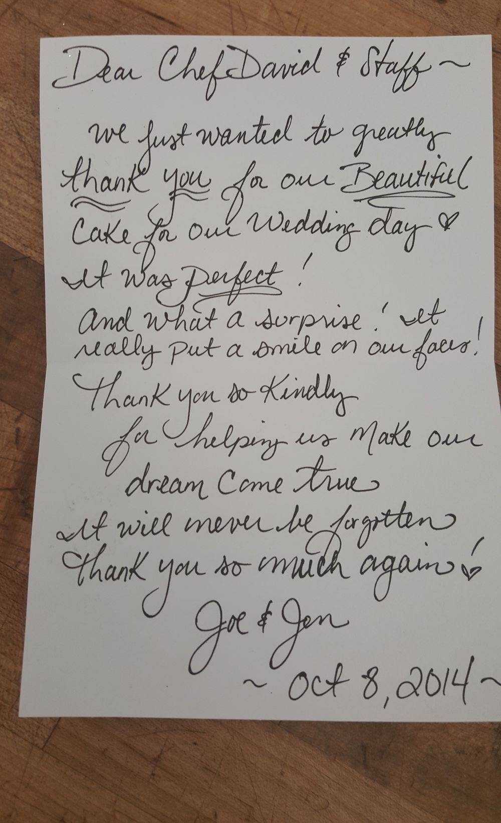 Handwritten thank-you letter about a wedding day