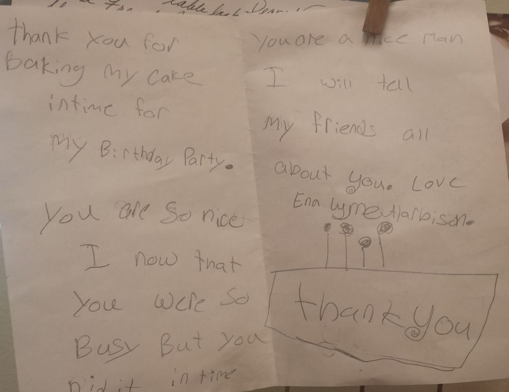 A birthday thank-you note written in crayon