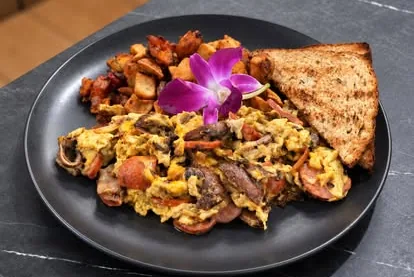 Aloha Scramble with eggs, Portuguese sausage and toast