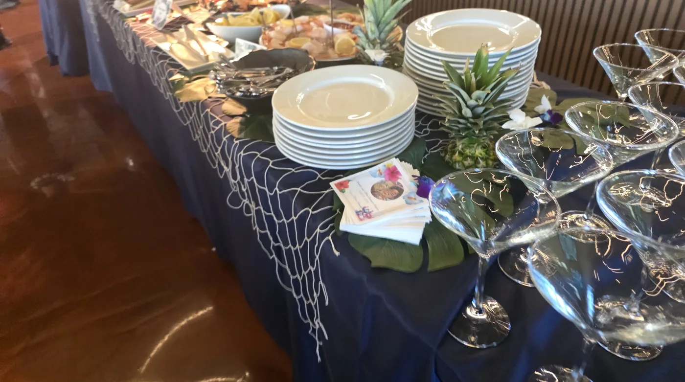 A buffet set up in the Lanai Room for a private event