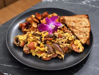 Aloha Scramble with eggs, Portuguese sausage and toast