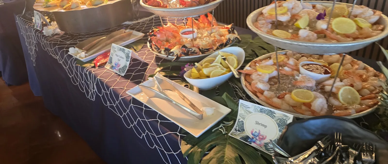 A seafood buffet laid out by the Aloha kitchen for an event